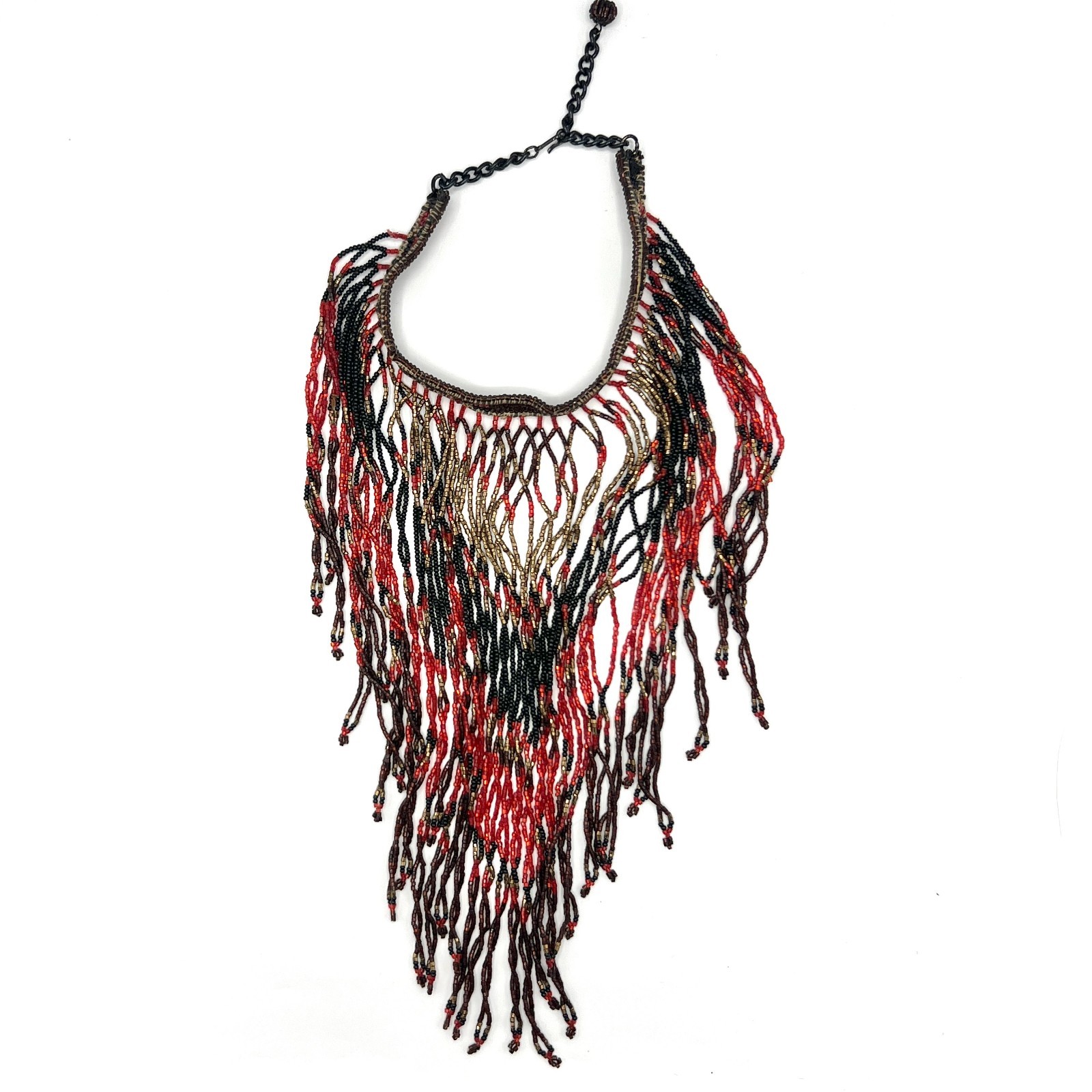 Vintage 1970s Exotic Beaded Fringe Necklace Red Black Gold Drippy Bib Statement