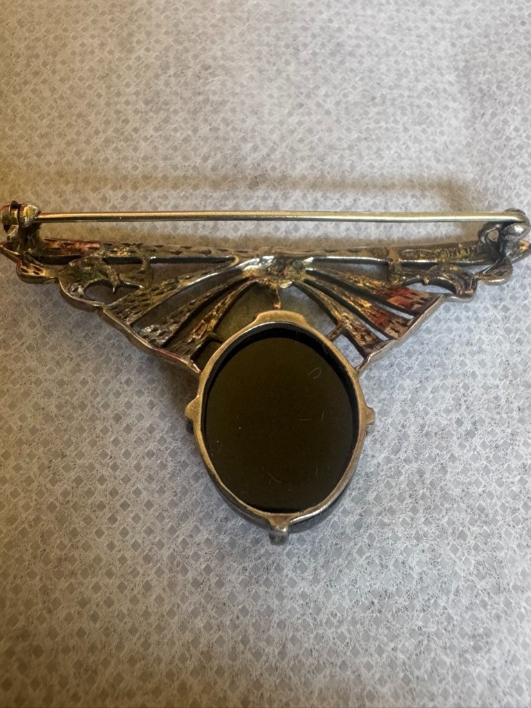 Amazing Art Deco Sterling Silver Marcasite Onyx Pin Brooch
