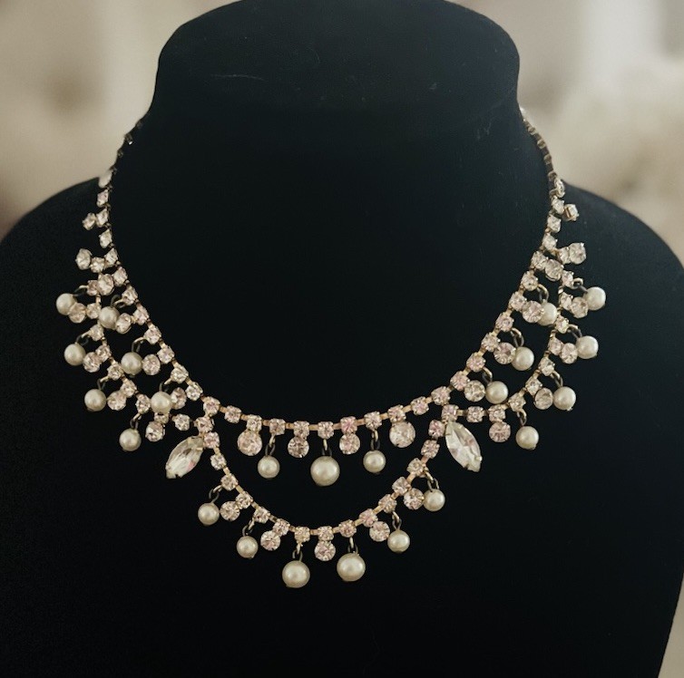 Vintage Clear Crystal Pearl Gold Tone Cascading Collar Beaded Garland Necklace