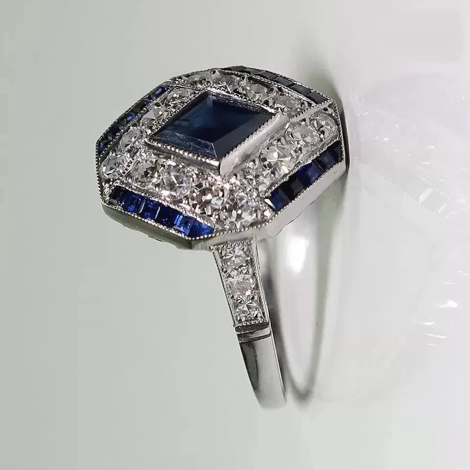 2Ct Art Deco Style Lab Created Sapphire & Diamond Wedding 14K White Gold FN Ring