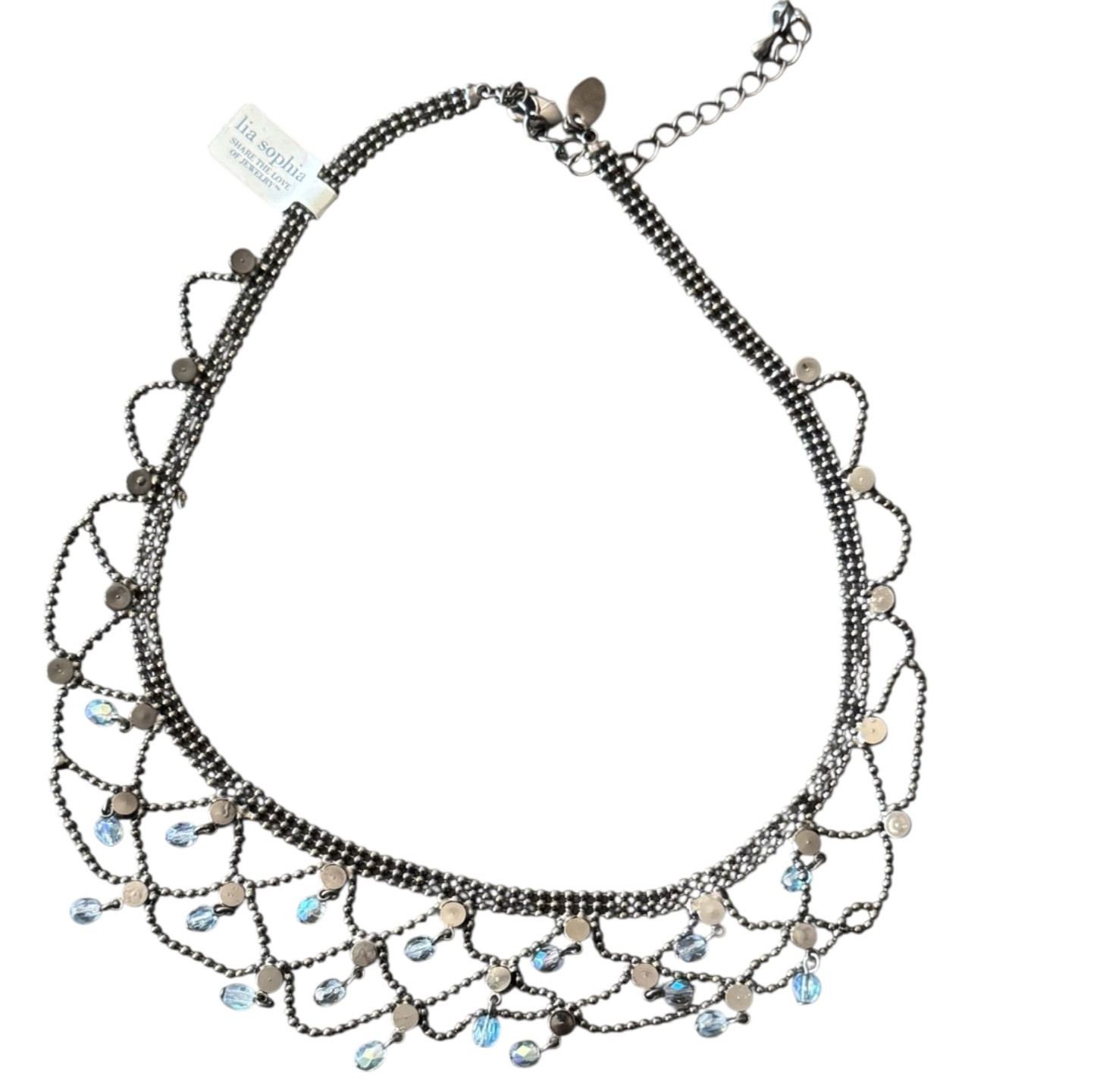 Y2K Lia Sophia Blue Rhinestone Lace Bib Choker Necklace Coquette Bead Fringe