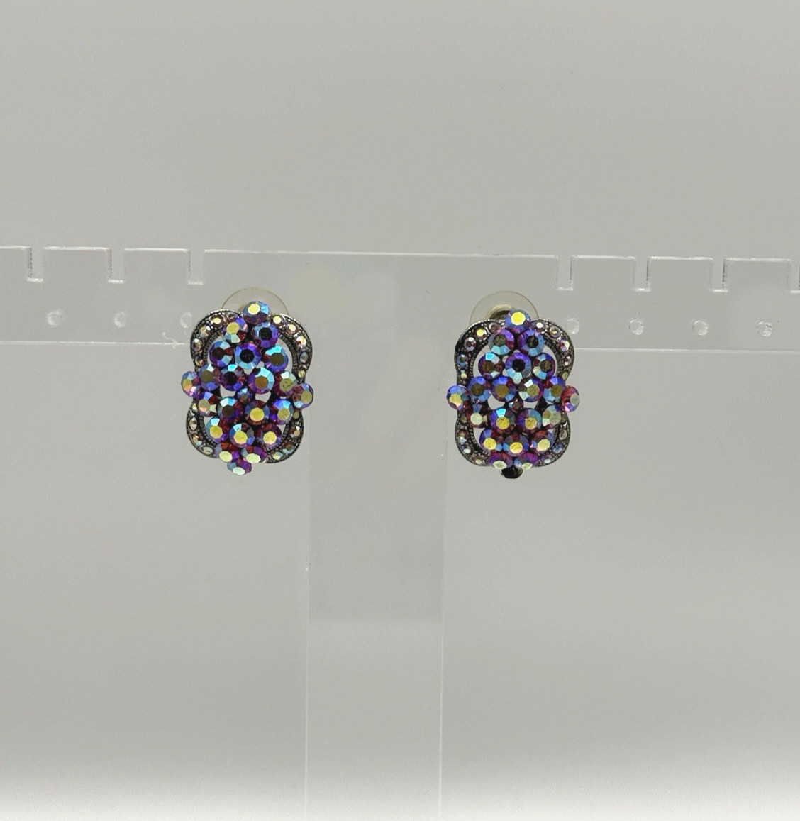 Vintage AB Rhinestone Cluster Earrings Pink Purple Aurora Borealis Gunmetal