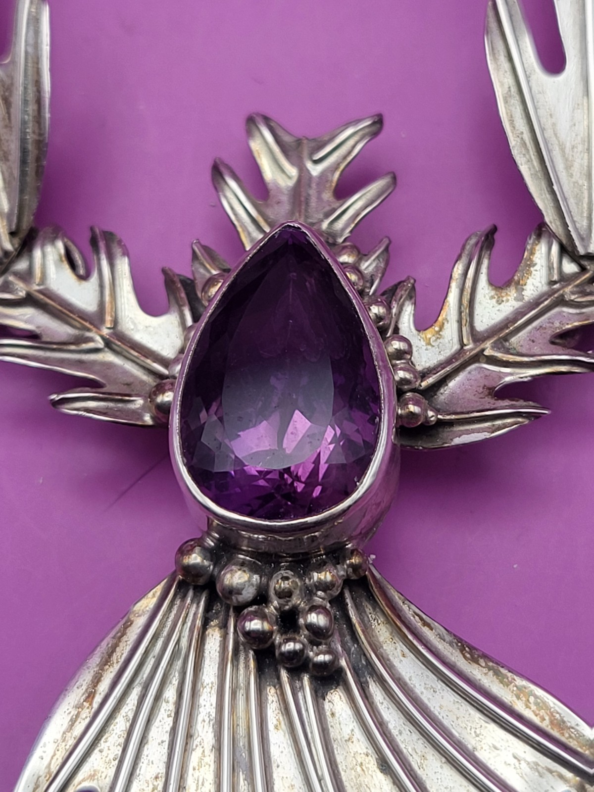 SET: CAROL FELLEY STERLING NECKLACE & EARRINGS, AMETHYST ABSTRACT BIRD RARE