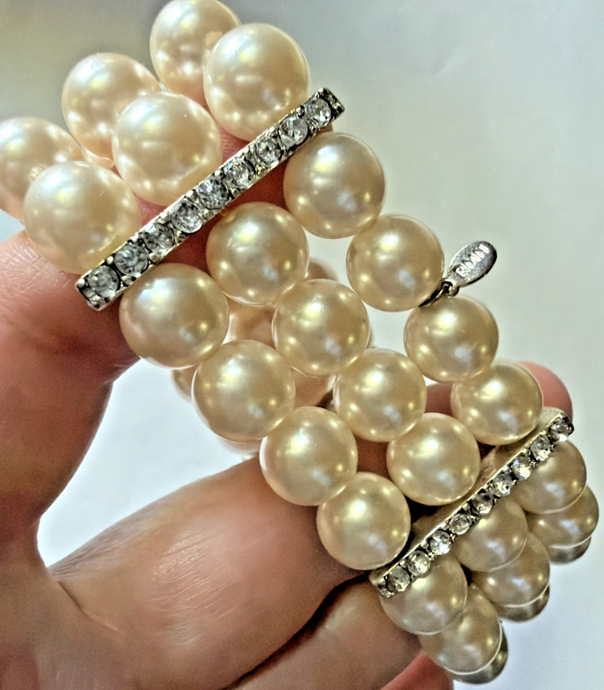 3 Strand Faux 1cm Pearl Rhinestone Stretch Bracelet RMN Signed Roman 1.25 in