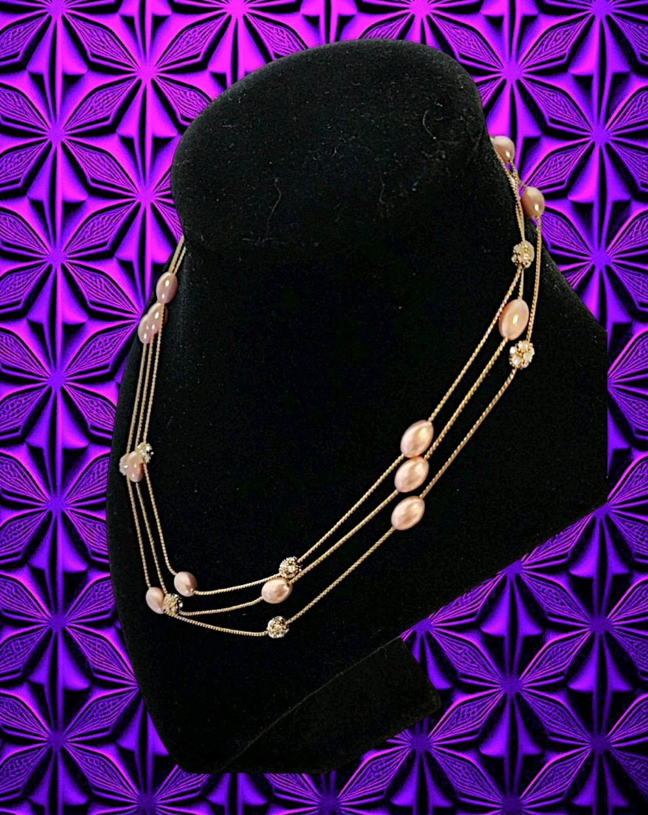 Vintage Monet 3-Strand Gold Tone Necklace Oval Bead Pave Rhinestone Ball 16″-18″
