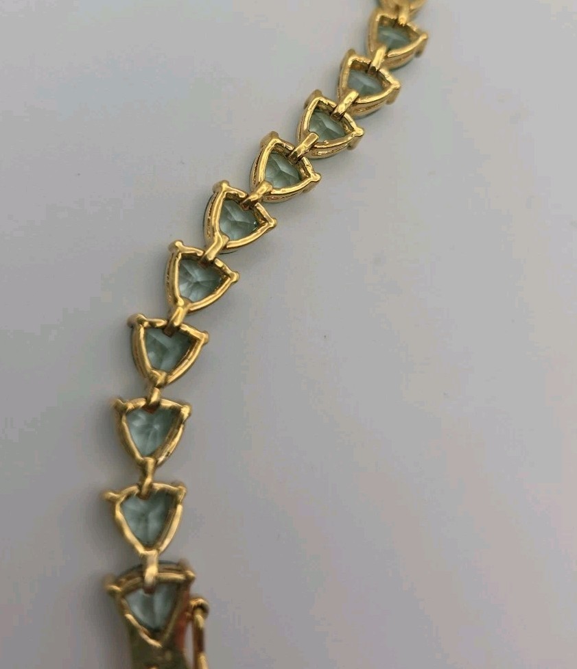 Aqua Blue Green Gold Vermeil Trillion Cut Faux Aquamarine Tennis Bracelet 6.75″