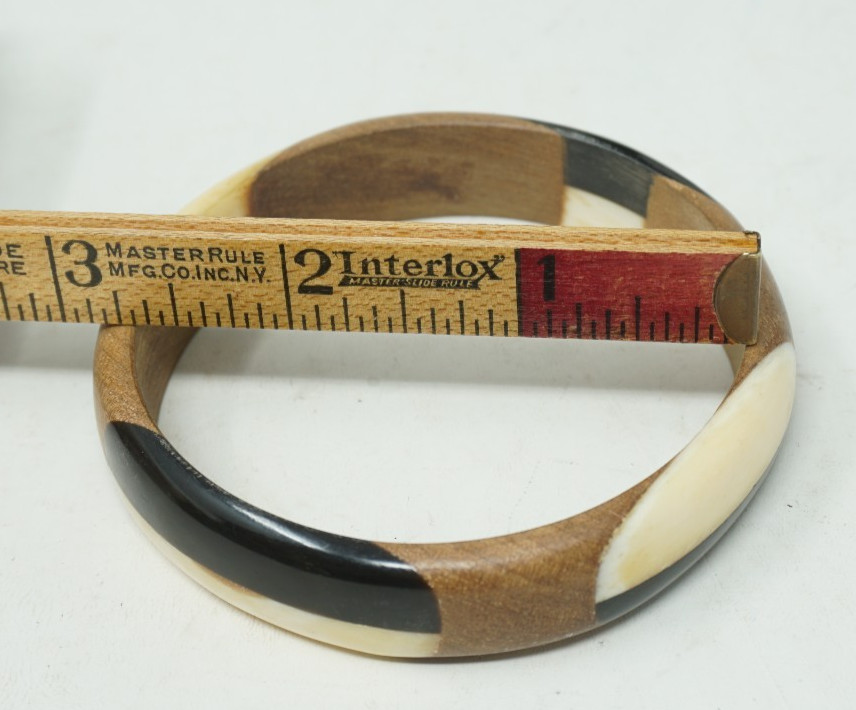 Vintage Bangle Bracelet 3 Tone Brown Wood Black and Cream Lucite