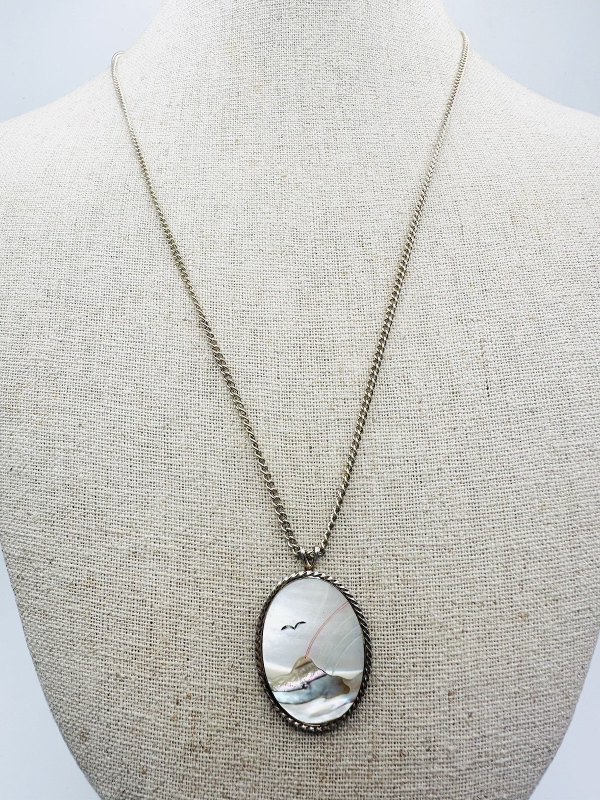 Vintage Mountain Landscape Rainbow Bird Abalone Inlay Pendant Necklace 20”