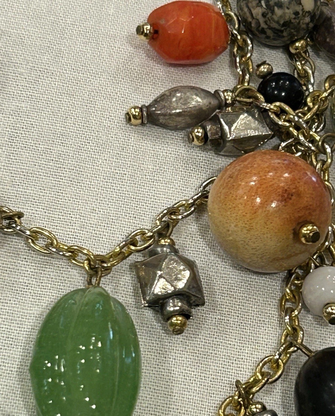 Vtg Asian-Themed Mixed Material 3-Strand Charm Necklace w/Carved Wood Buddha 28”