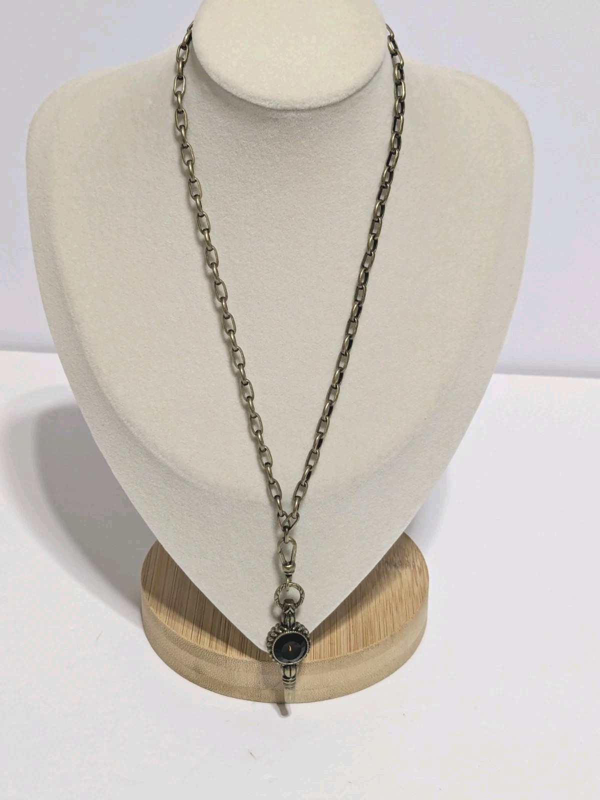 Gold Tone Antique Style Necklace -Reversible Etched Heart & Glass Pendant 16″