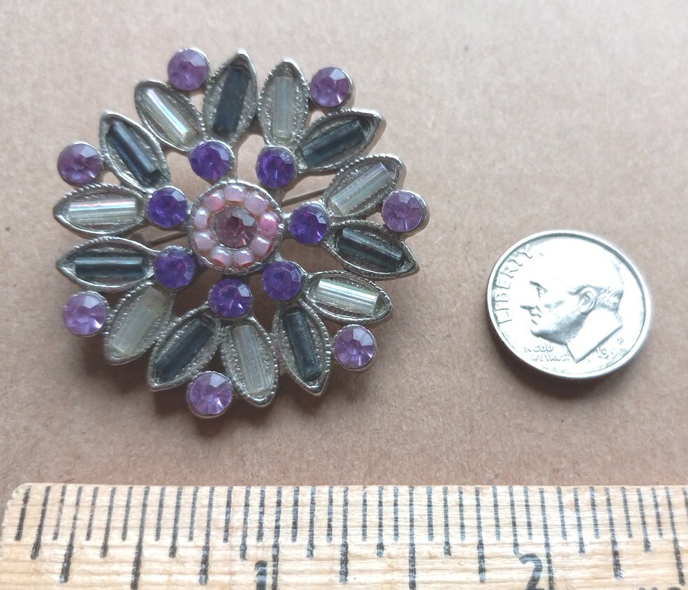 BROOCH CRYSTALS BEADS PINKS PURPLES GRAYS & IRRADESCENT CLEARS HEAVY SILVER TONE