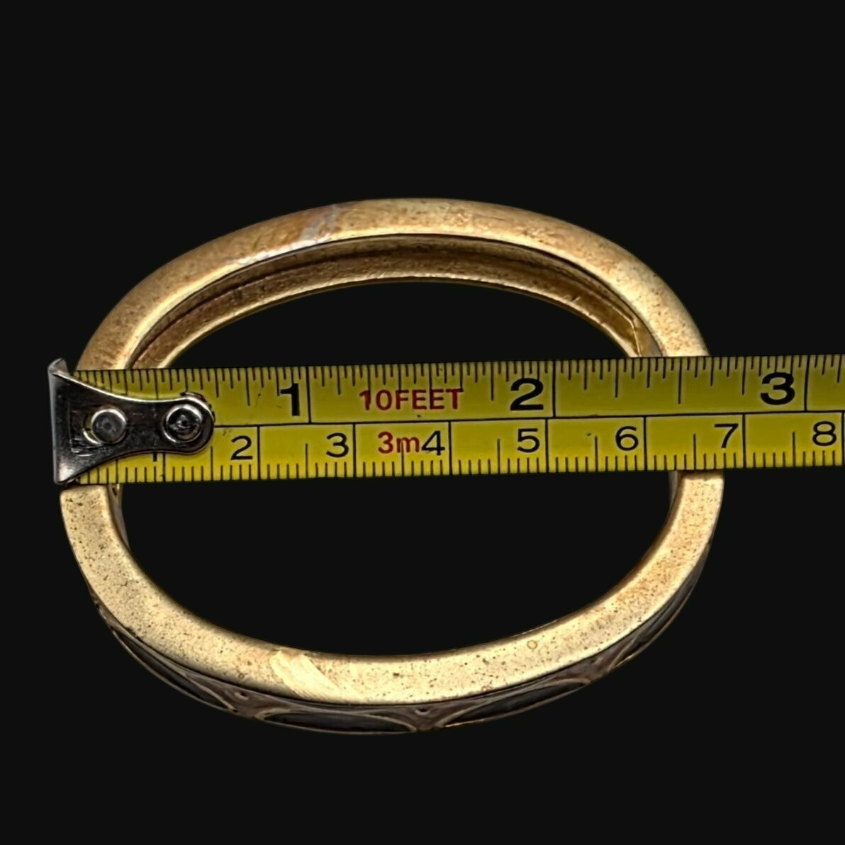 Vintage Gold-Tone Hinged Bangle Bracelet Brown Peach Enamel Geometric Cuff Boho