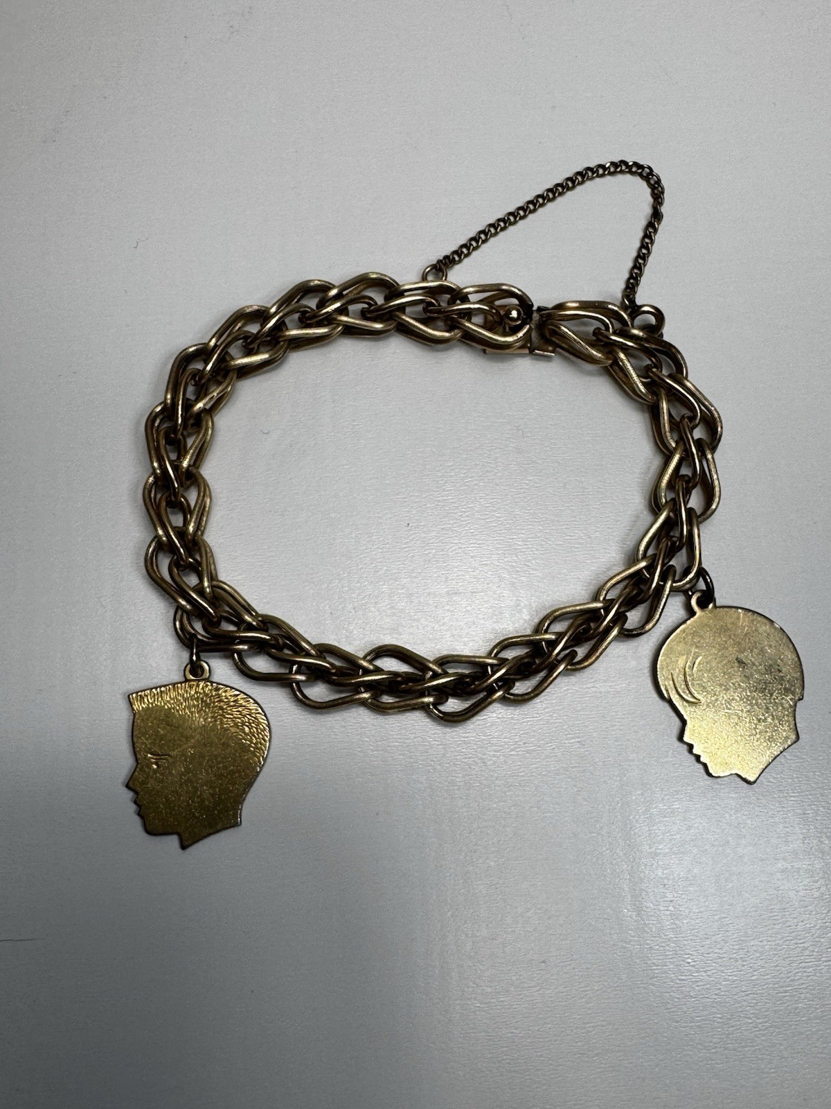 Vintage 12K Gold Filled Chain Bracelet Male Profile Charms Unmarked Retro 7” 50s