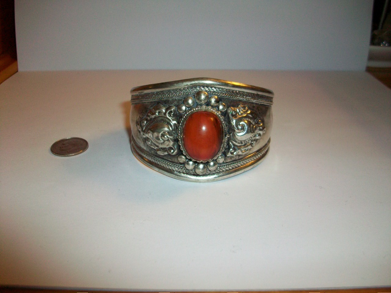 VTG Tribal Style Tibetan Silver Cuff W/Carnelian Stone & Ornate Design