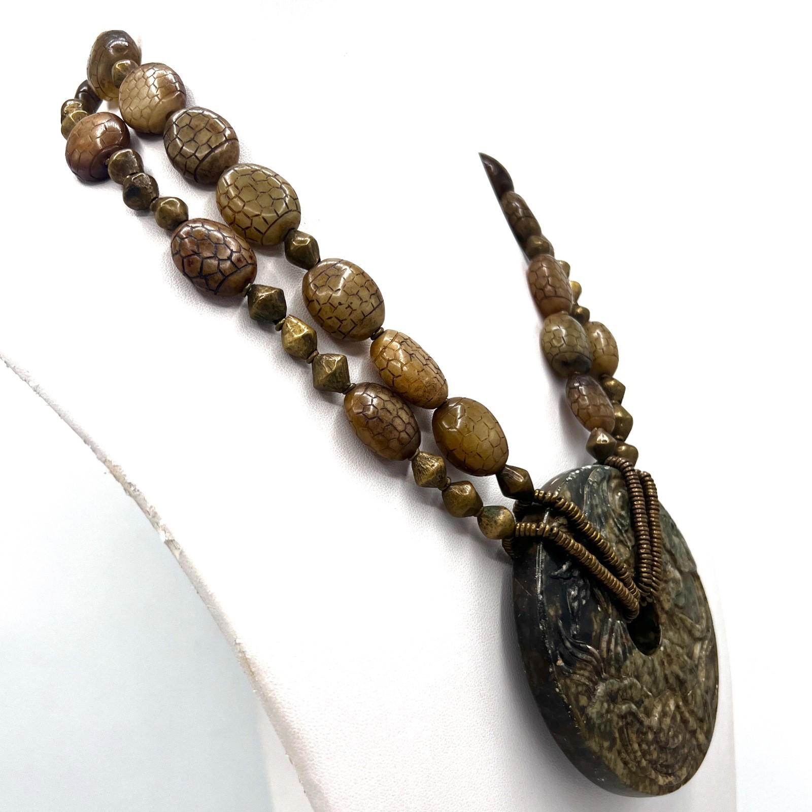 Artisan Carved Stone Medallion Necklace – Two-Strand Mossy Earth Tone Statement