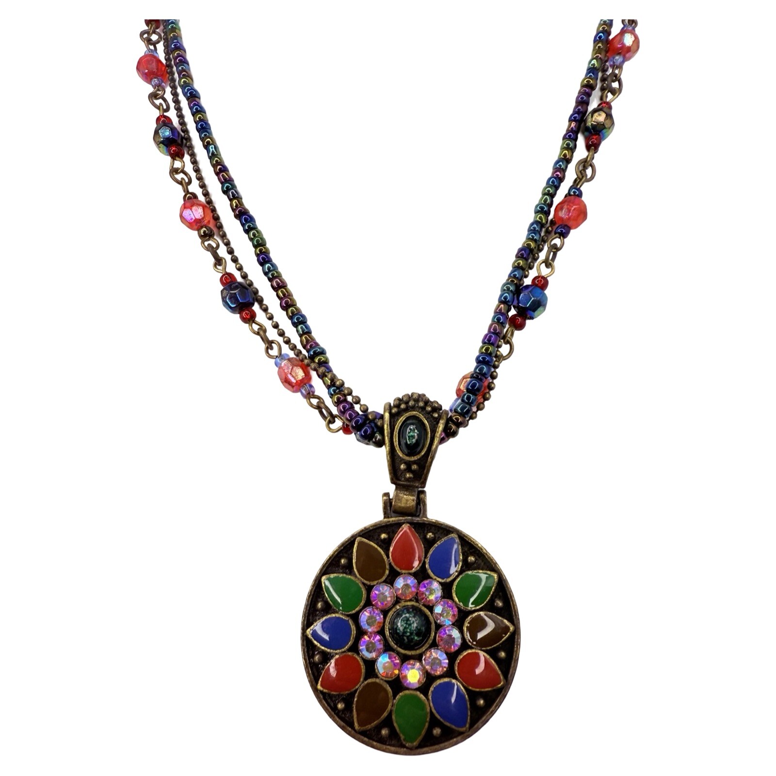 Multicolor Necklace Statement Pendant 19″ Beaded Layered Chain Bohemian
