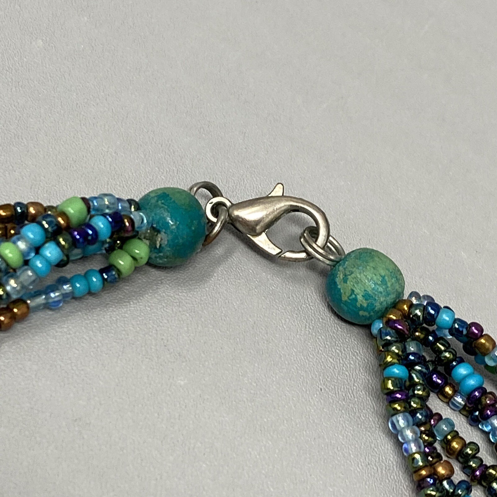 Boho Necklace Vintage Blue Multicolor Seed Bead Dyed Nut Multi Strand Collar 19″