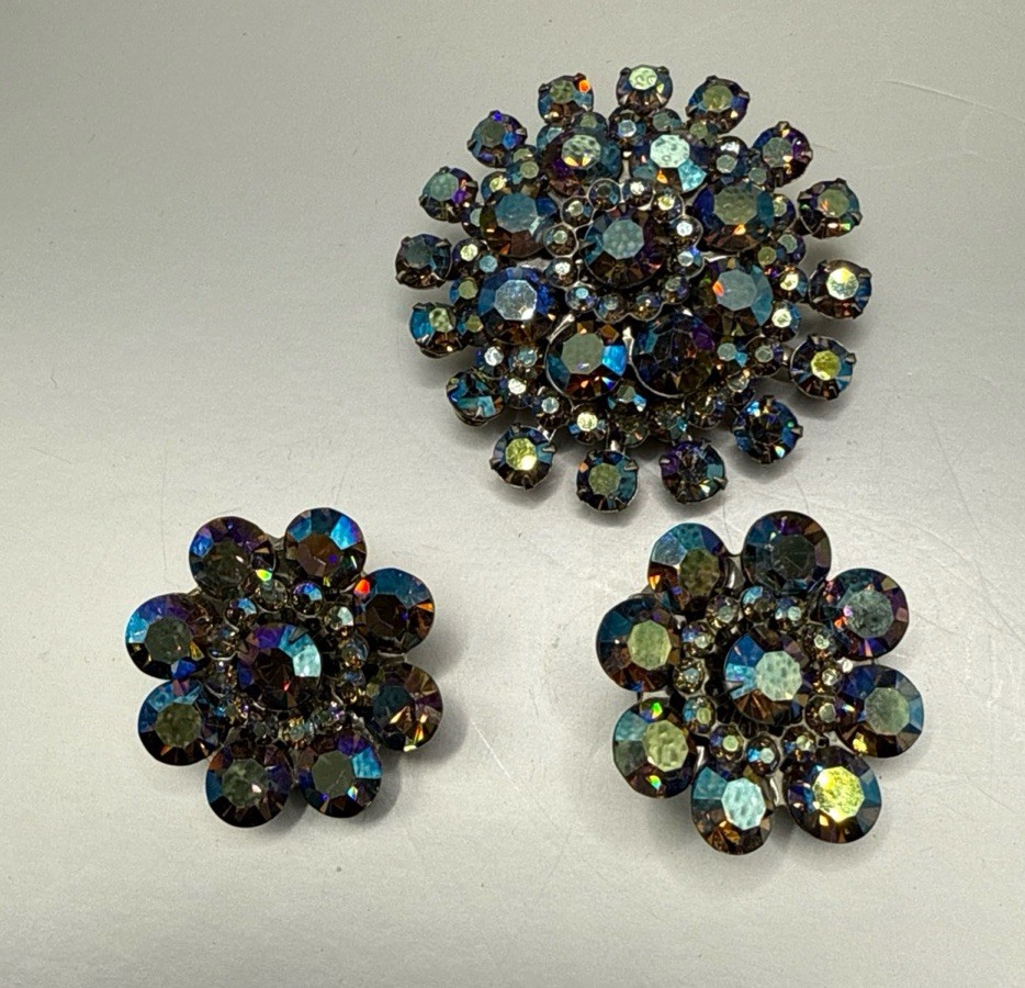 Vintage Aurora Borealis Earrings and Brooch Matching Set Costume Jewelry Blue