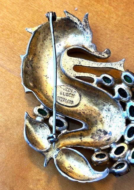 RARE VTG FRED BLOCK Gold Wash Sterling Green Stone SEA MONSTER Pin Brooch 31.8G