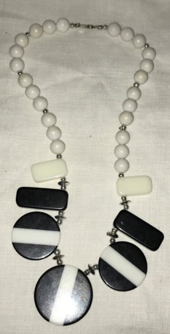 Vintage White Black Mod Plastic Bead Necklace