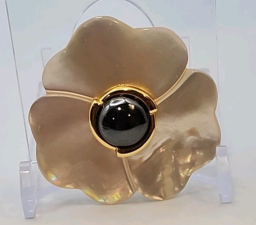 Kai Ying Lo Mother Of Pearl Carved Pin With Hemetite Center