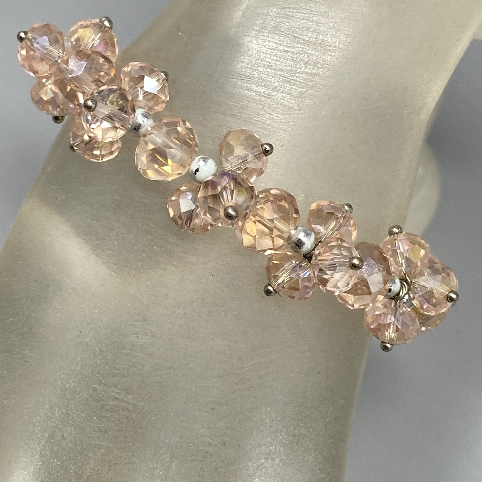 VTG Pink Glass Bead Cluster Bracelet Stretch Fire Polished AB Coated Retro 6.5″