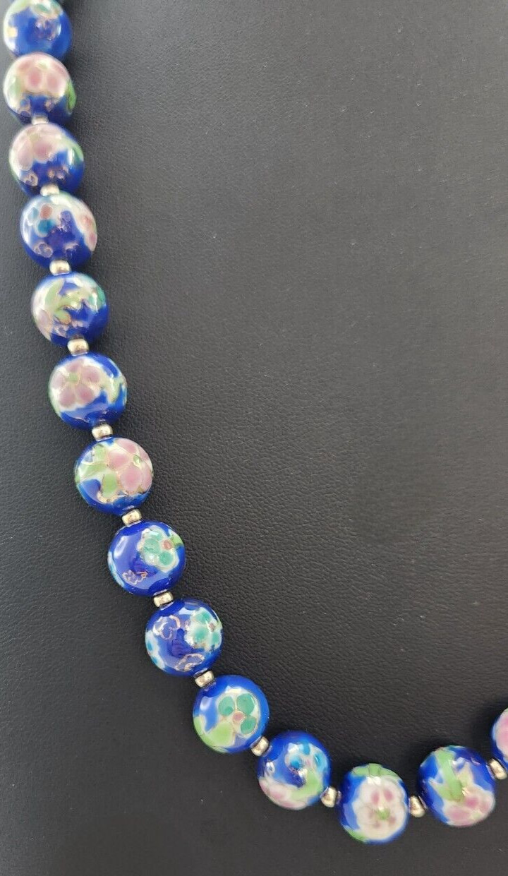 Vintage Japanese Cloisonne Bead Floral Necklace, Blue Pink and Green 22 Inches