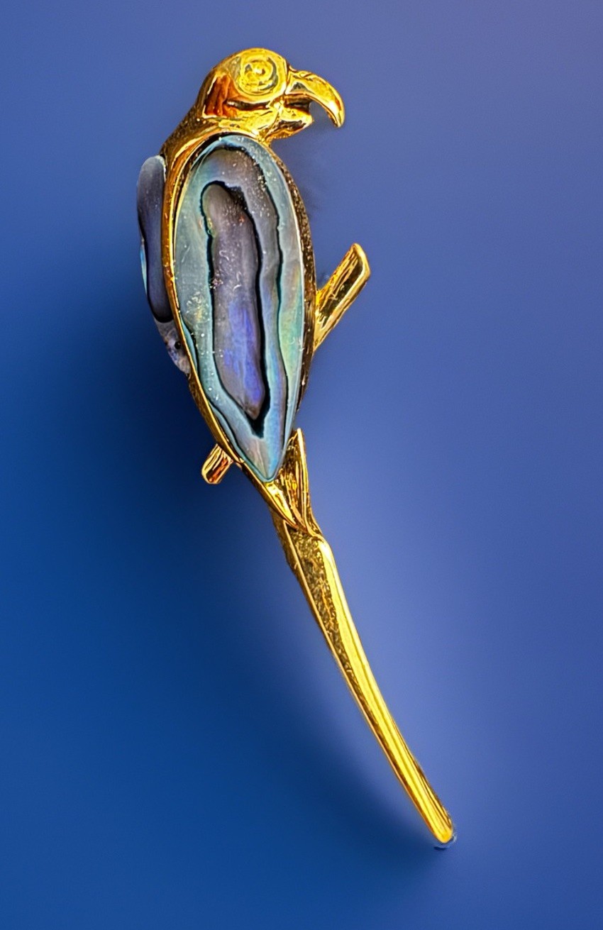 22K GP Gold Plated Ariki Paua Abalone Shell Parrot Bird Wings Brooch Pin