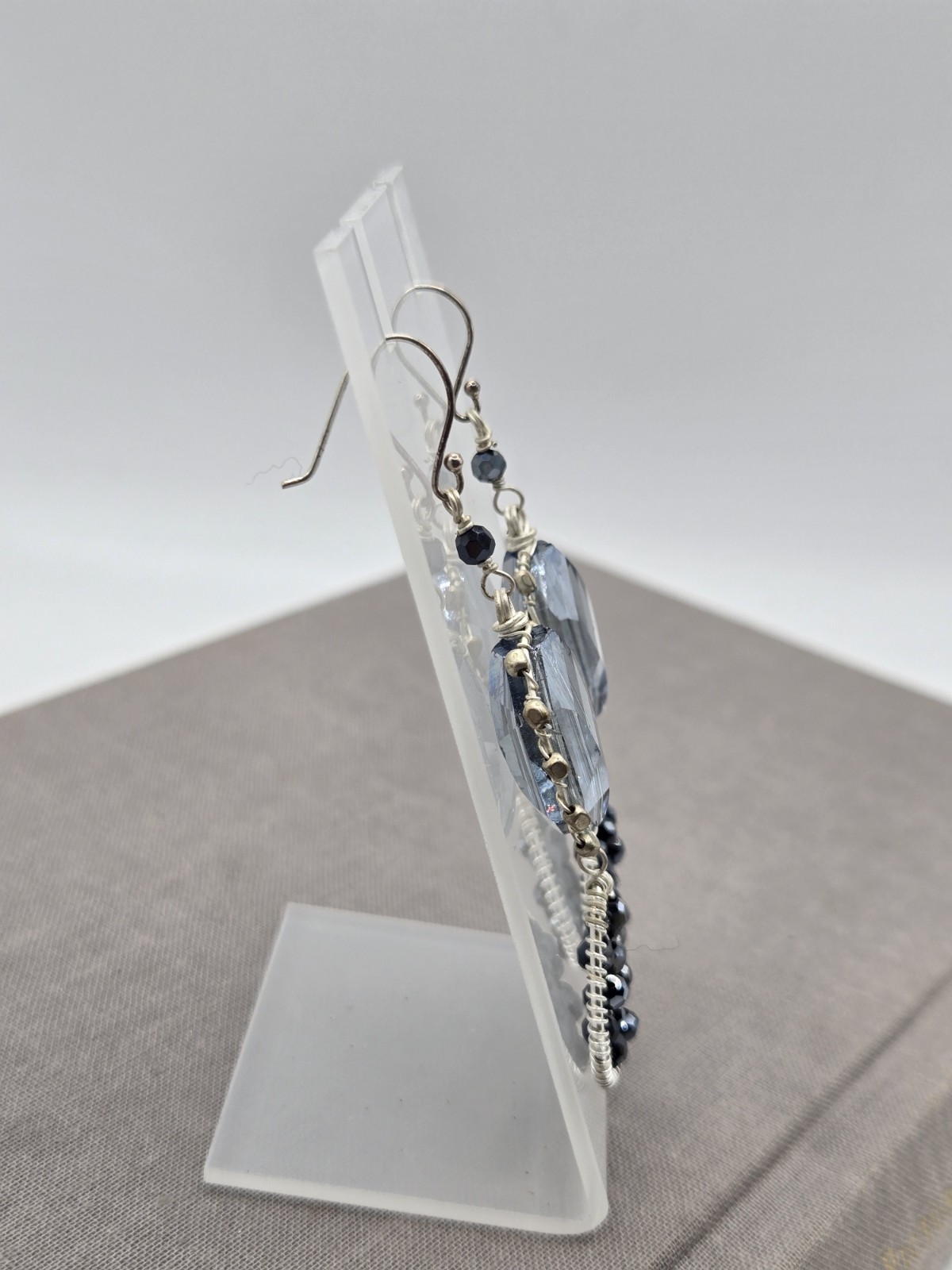Silver Beaded Blue Aquamarine dangle Earrings Wire Wrapped Faceted Crystals