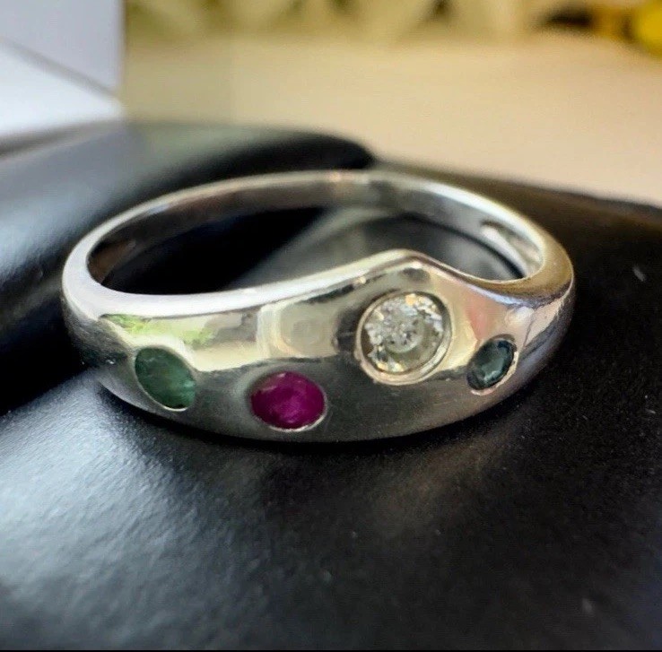 Vintage Custom Made Sapphire Emerald Ruby Sterling Silver Band Ring