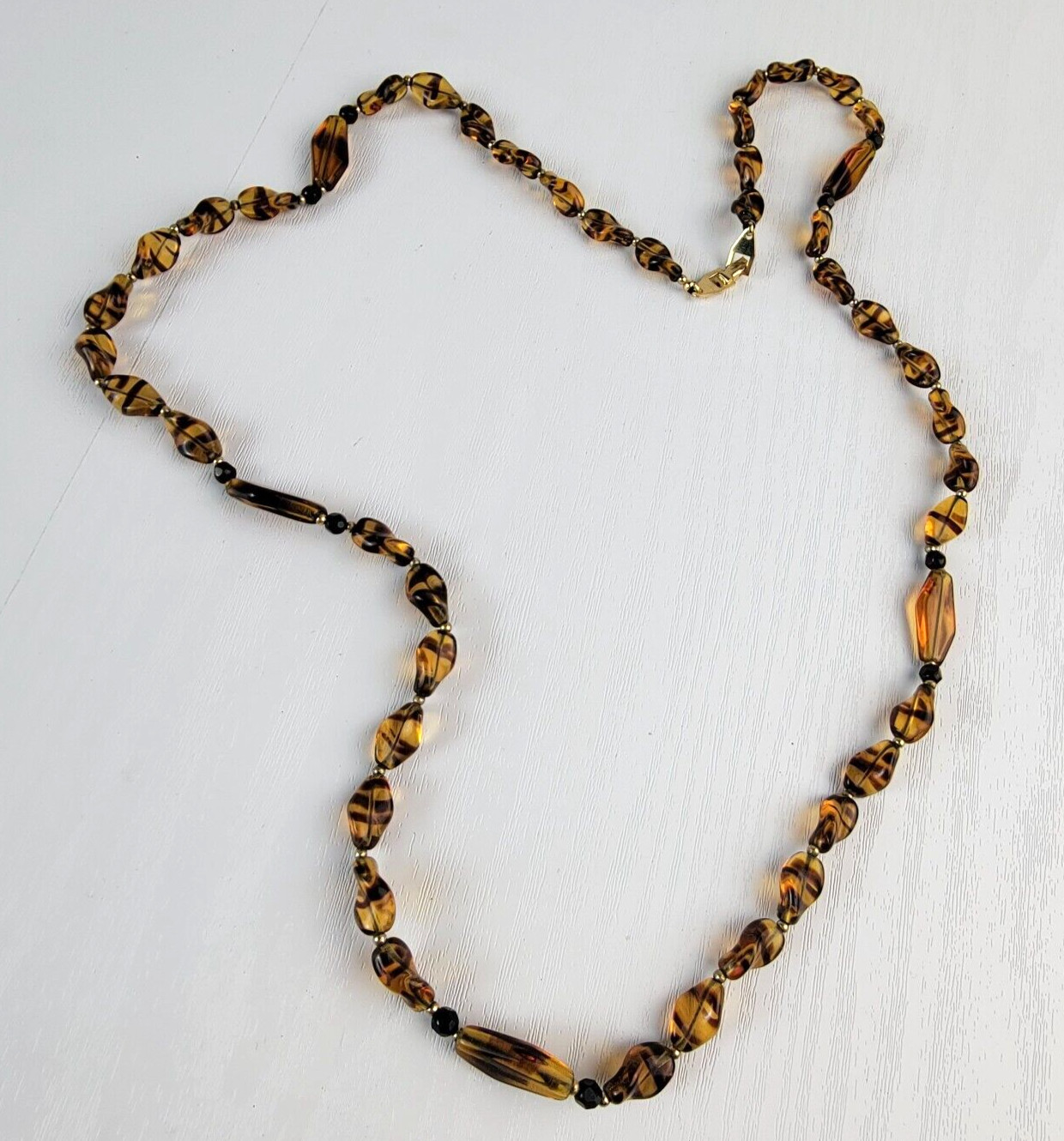 Vintage Faux Honey Amber Glass Beaded Necklace Gold Tone Fold Clasp 30 Inch