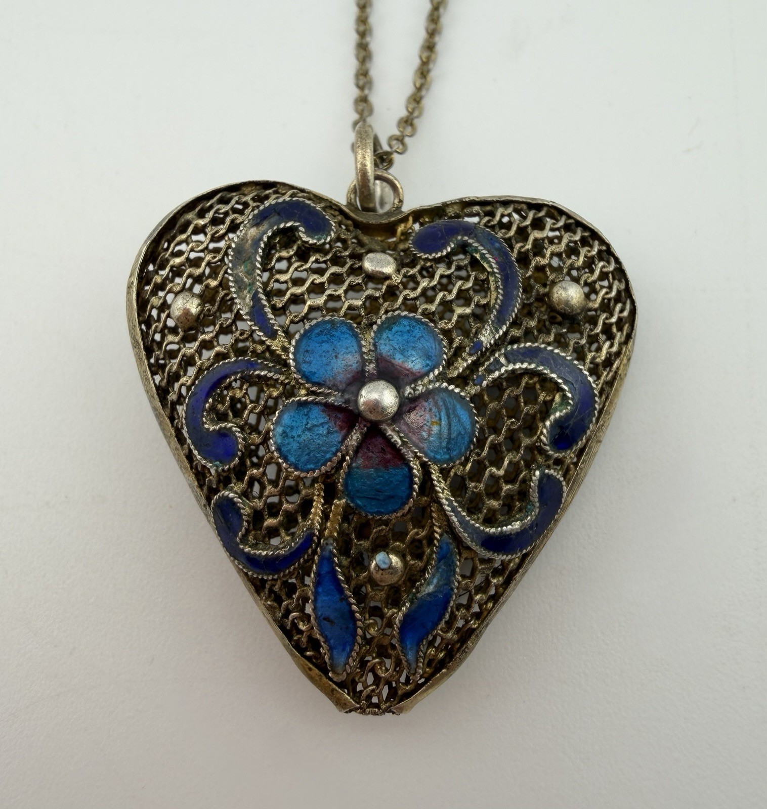 Cloisonne Filigree Enamel Floral Motif Blue Puffy Heart Pendant About 1” Vintage