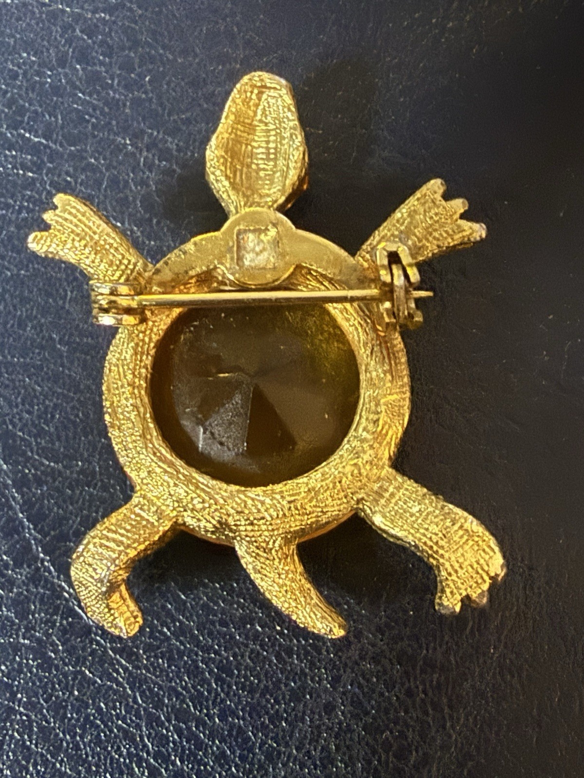 Gold Tone Yellow Faceted Clear Red Rhinestone Turtle Brooch Pin, M564