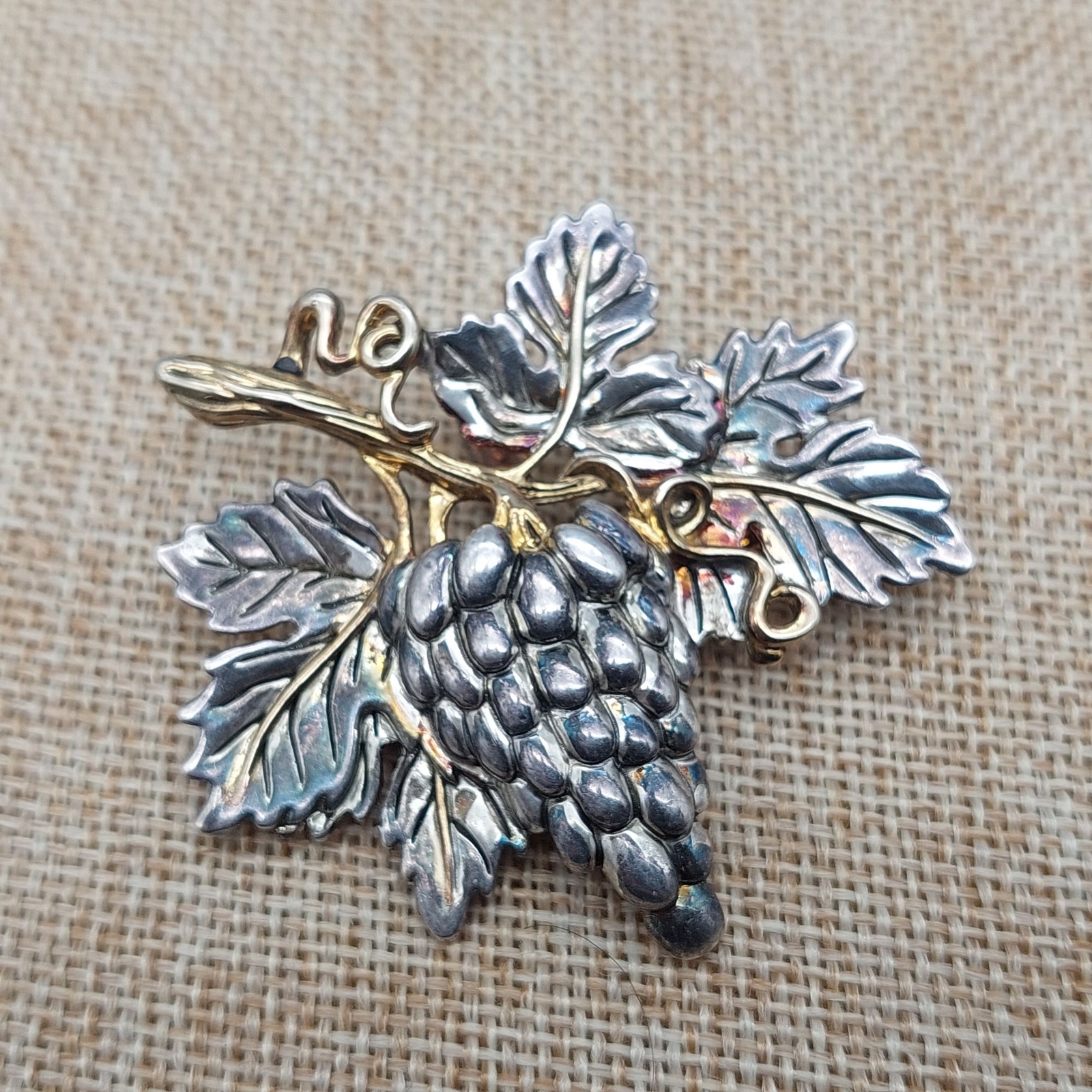 Vintage Bunch of Grapes on Vine Leaves Two Tone Brooch Signed MJ 2″ X 2″