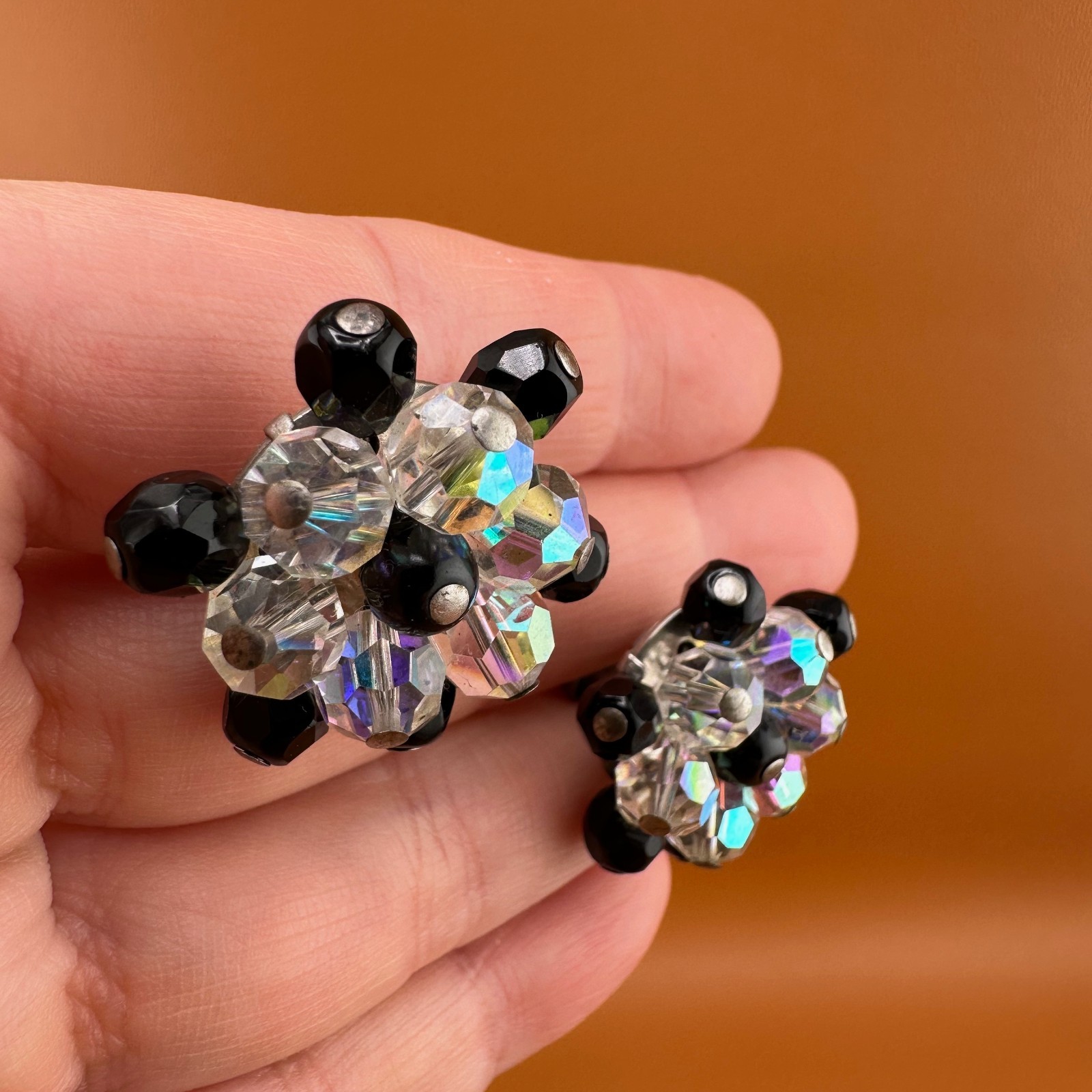 Vintage AB Crystal Bead Necklace Earrings Set Triple Strand Black & Clear 15″