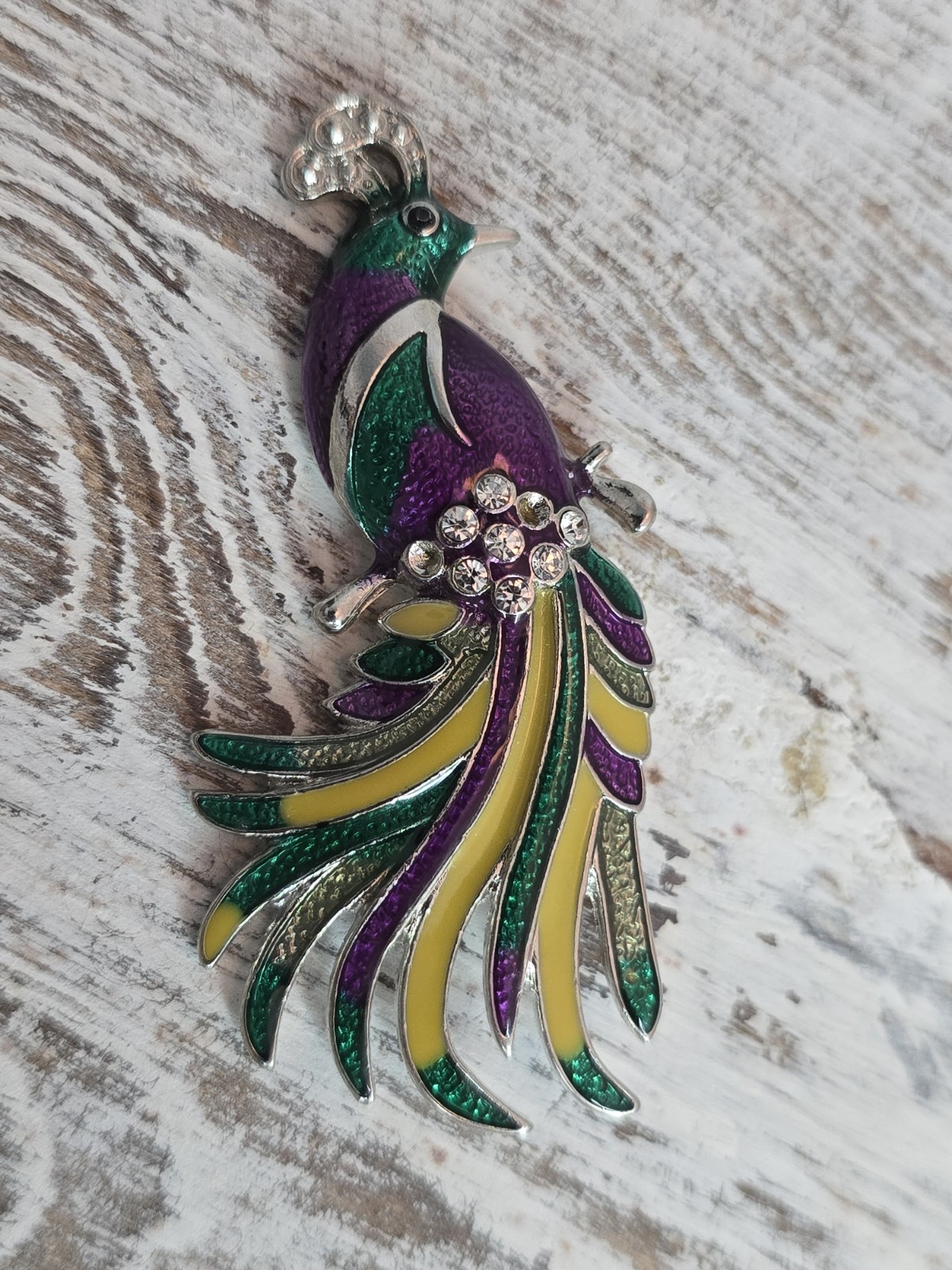 Peacock Bird Animal Brooch Purple Green Yellow Enamel Rhinestone Pin READ #194