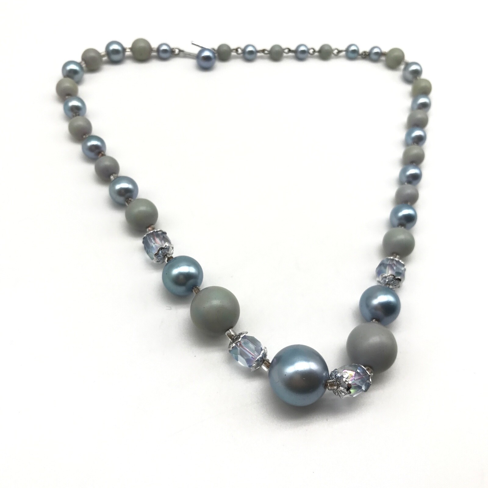Vintage Japan Blue Gray Acrylic & AB Crystal Beaded Strand Necklace