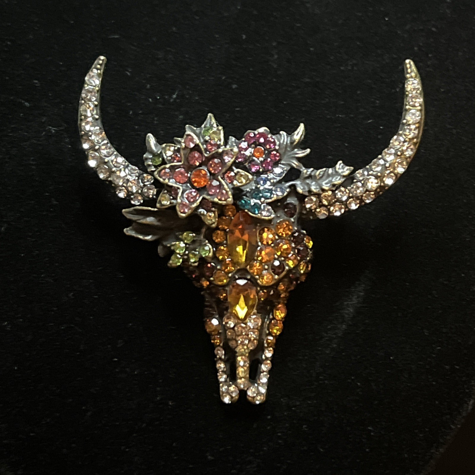 Southwestern Longhorn Floral Rhinestone Brooch Cowgirl Style