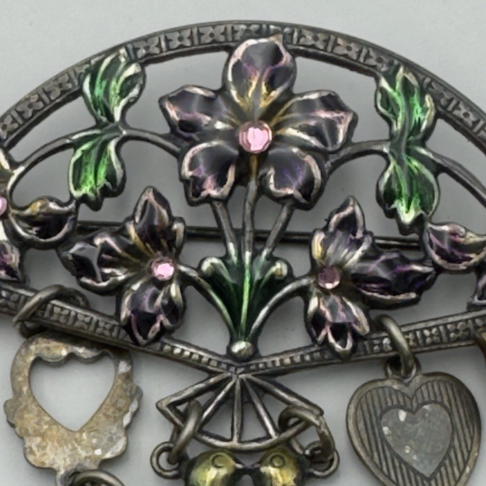Glass Works Studio Dangling Victorian Charm Brooch Pin Heart Butterfly Birds Vtg