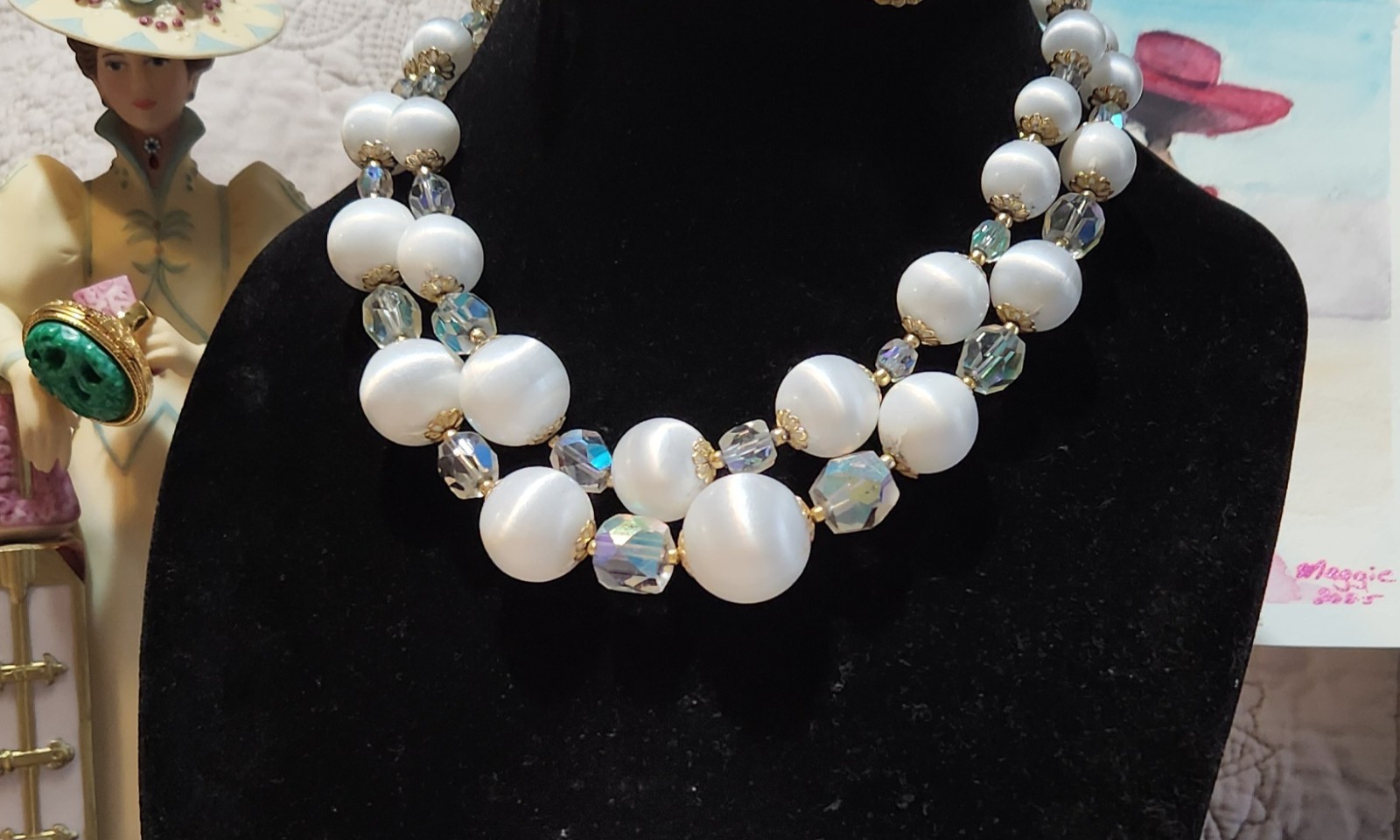 Vintage classic mid-century double-strand necklace acrylic and AB glass Japan