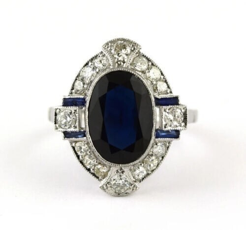 Art Deco Style Oval Lab Created Sapphire Diamond Wedding 14K White Gold FN Ring