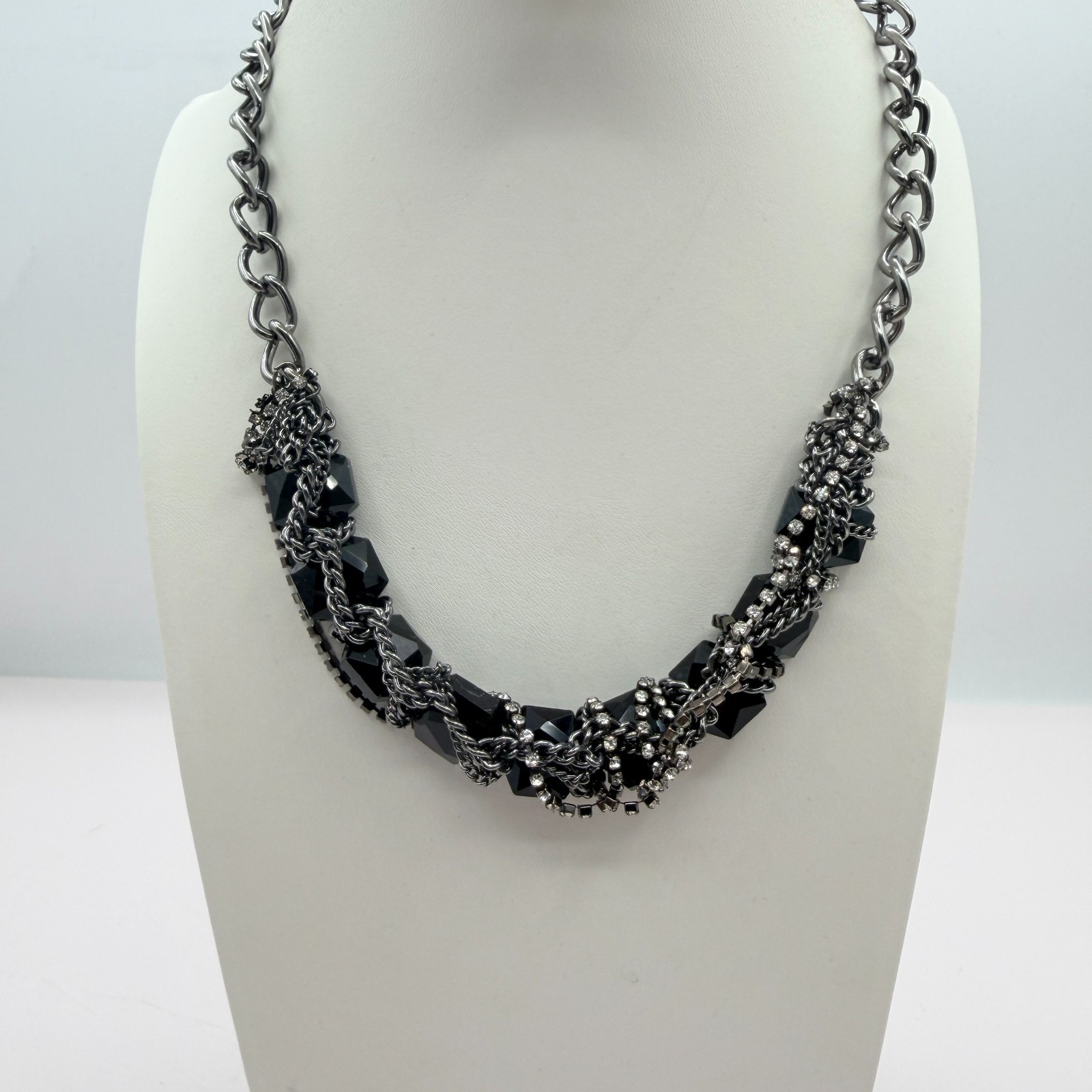 Vintage Gunmetal Tone Chunky Black Bead Choker Necklace Rhinestone Cluster Chain