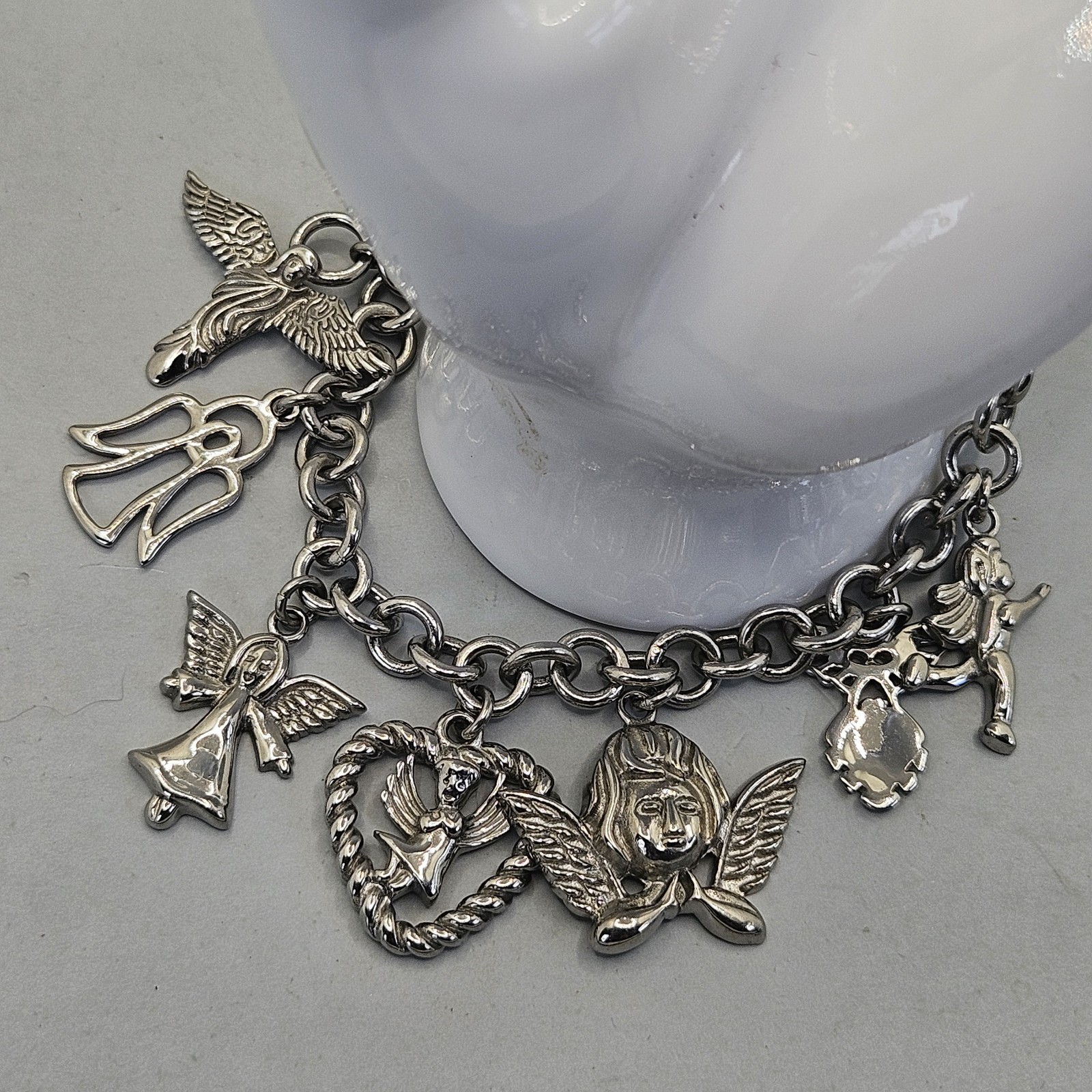 Milor Charm Bracelet Guardian Angel Cherub Stainless Steel Silver Tone 7″ Chain