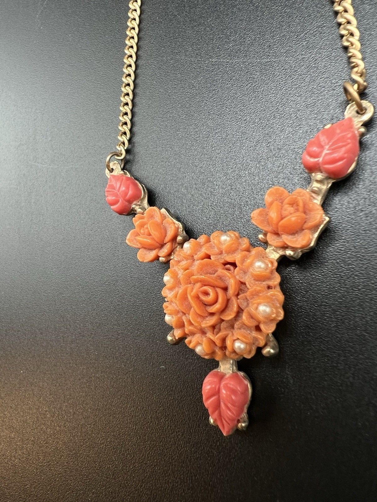 Art Deco Molded/Carved Peach Pink Floral Necklace & Matching Brooch