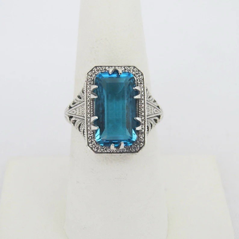 Art Deco Aquamarine Ring Vintage Filigree Aqua Emerald Cut Statement Jewelry