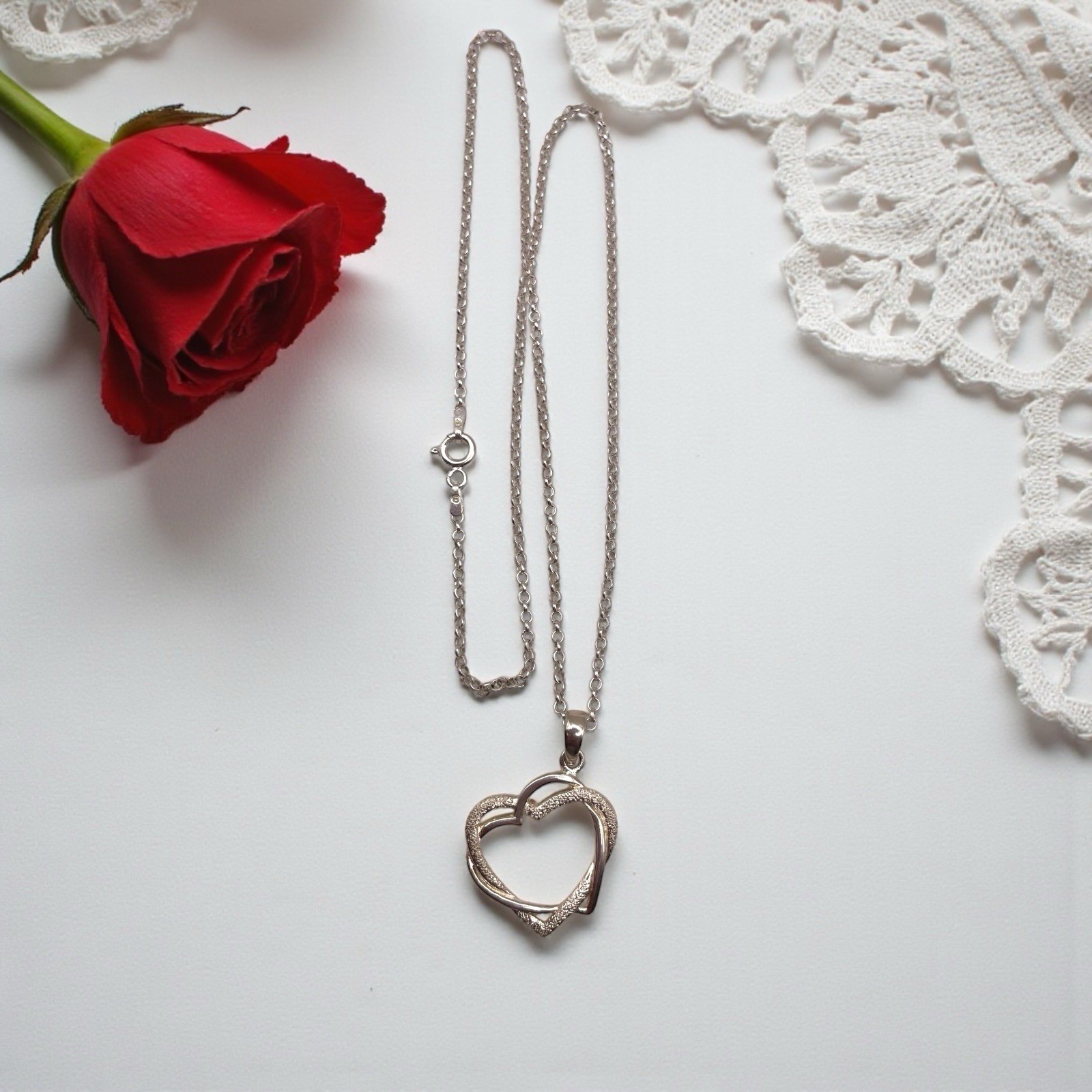 Italian 925 Sterling Double Interlocking Open Hearts Pendant Necklace, 18″