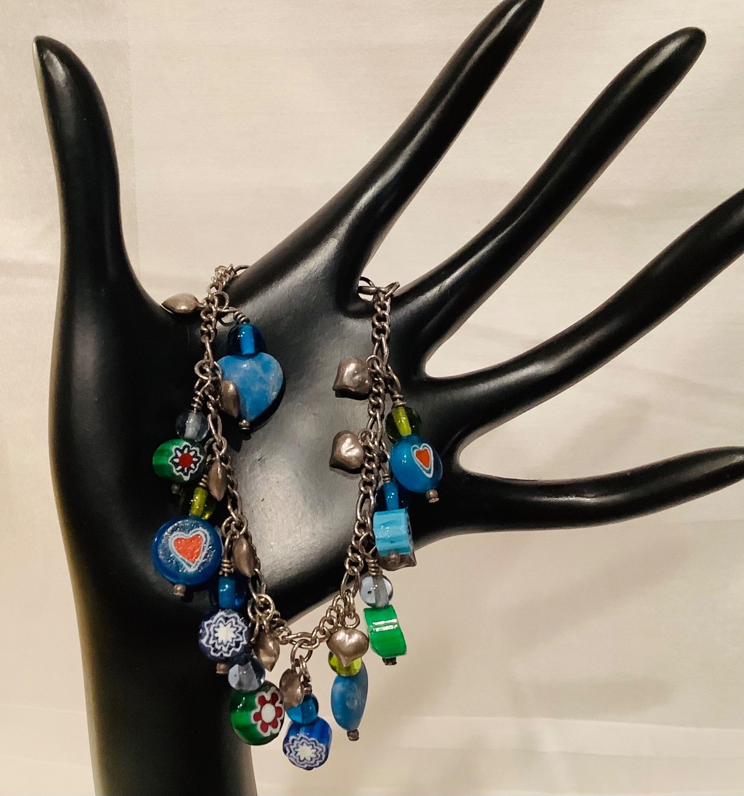 Vintage Sterling Charm Bracelet Puffed Hearts Millefiori Glass Hearts & Flowers