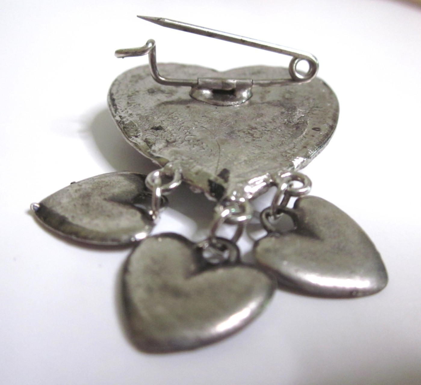 Vintage Hand Painted Enamel Hearts & Flowers Brooch/Pin 3 Dangling Hearts