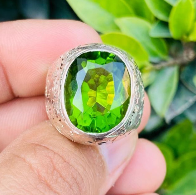Very Big Peridot Stone Ring Big Vivid Green Peridot For Men Engraved Ring Silver