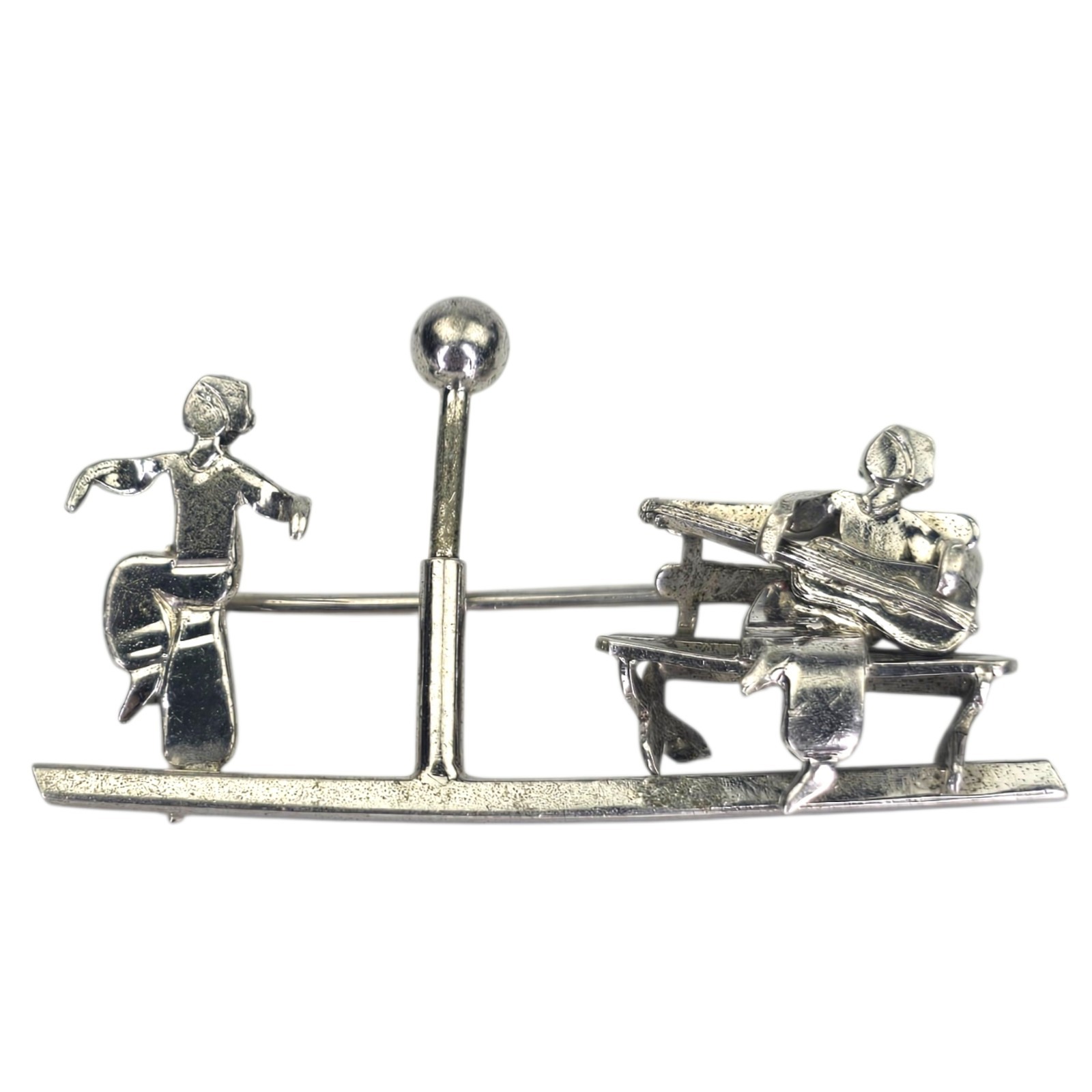 Antique Sterling Silver Whimsical Musician Guitar Dancer Artisan Crafted Brooch
